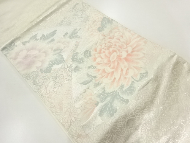 アンティーク　地紙に牡丹・菊模様織り出し袋帯（材料）